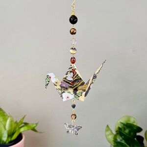 Origami Ornament #2392 - Large Crane with Butterfly Pendant